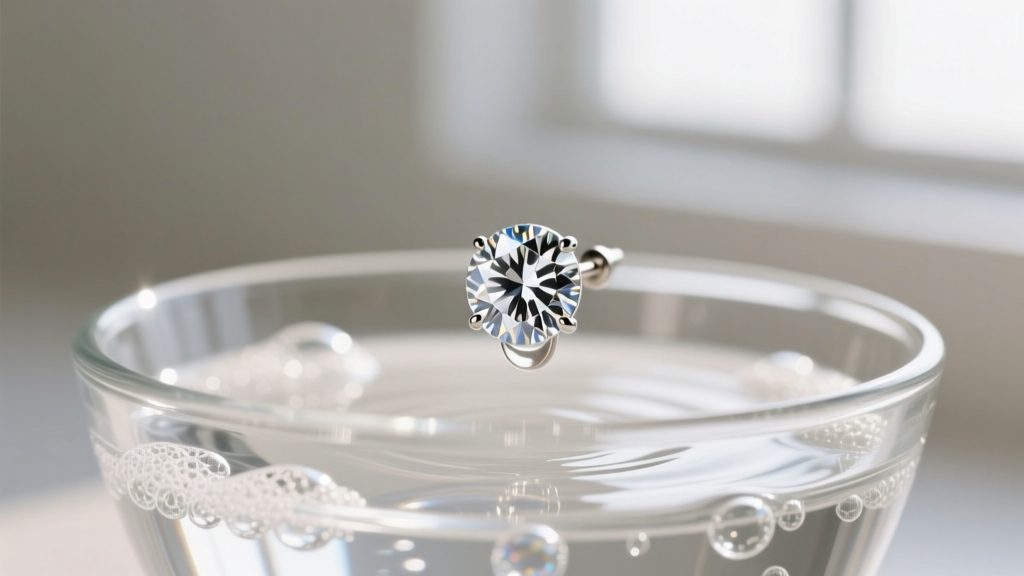 Macro shot of a round brilliant diamond stud earring soaking in a glass bowl of soapy water under soft, diffused natural light