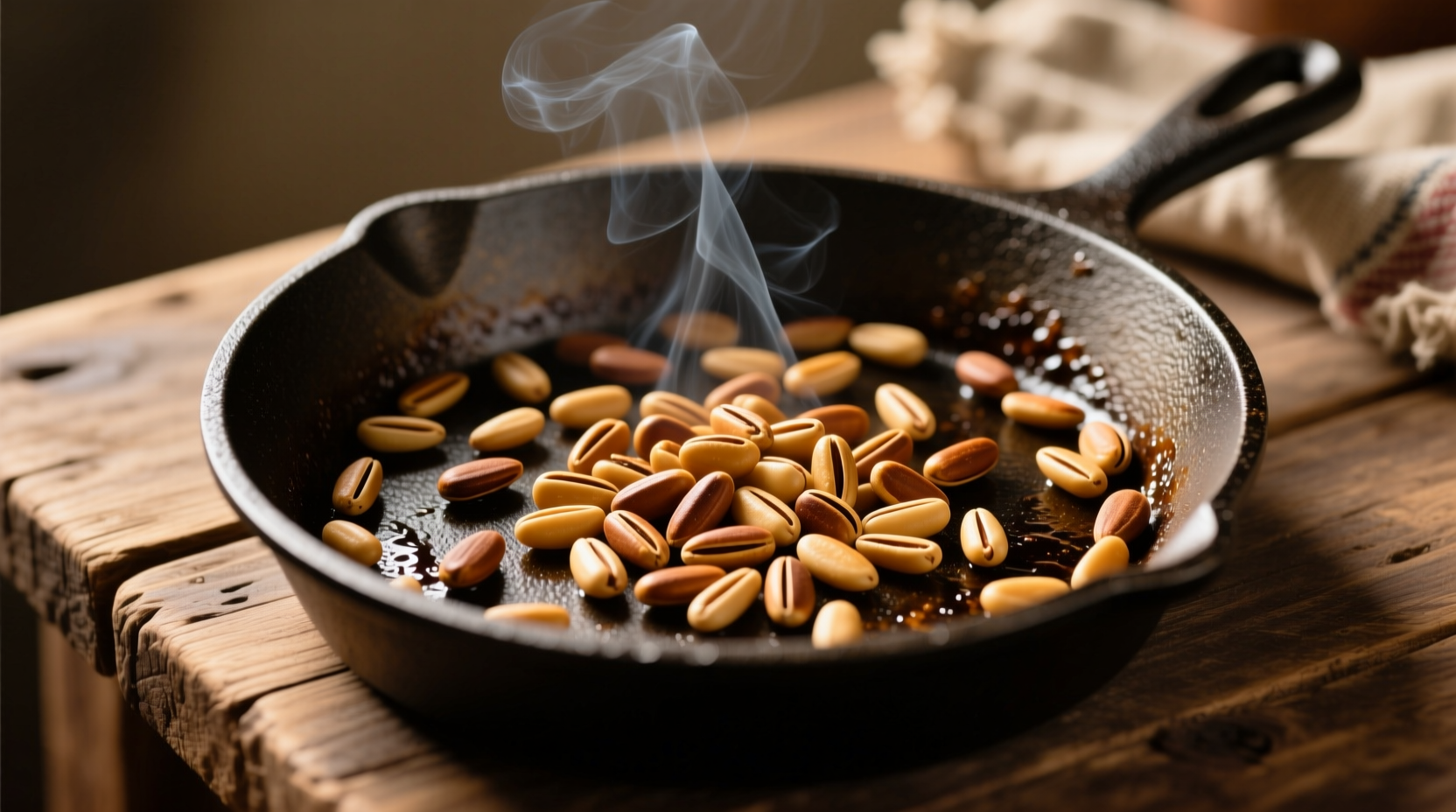 Golden brown toasted pine nuts in skillet