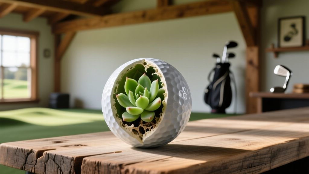 An upcycled golf ball cut in half and planted with a small green succulent, sitting on a reclaimed wood desk in a golf clubhouse.