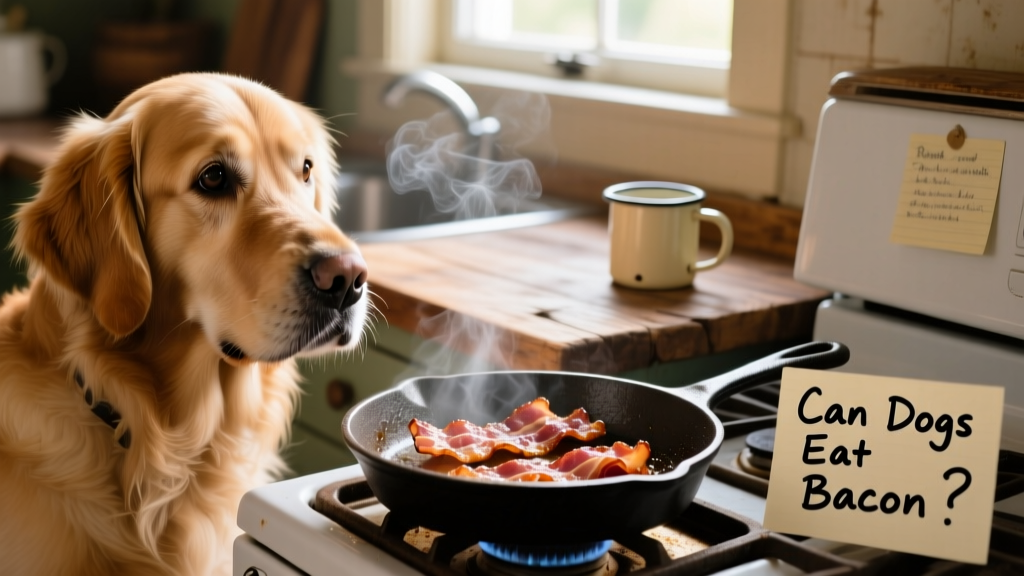 A dog looking longingly at a sizzling pan of bacon on the stove