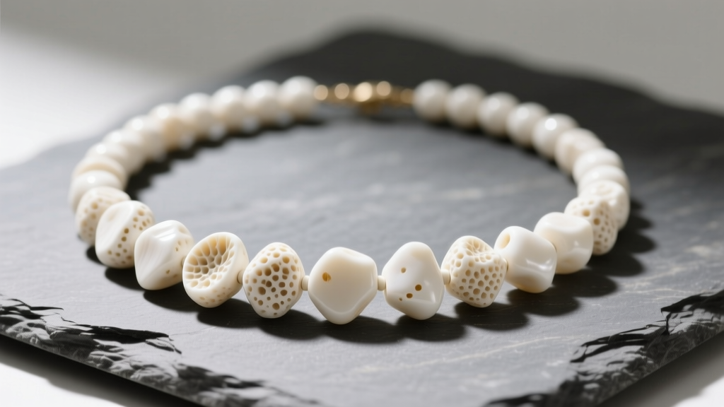 Vintage white coral necklace with graduated beads on slate, showing creamy organic texture and natural pitting under soft lighting.