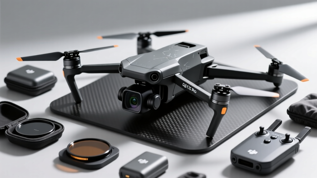 Close-up of DJI Mavic 3 Pro drone on carbon fiber landing pad with practical accessories like ND filters and battery warmers scattered around
