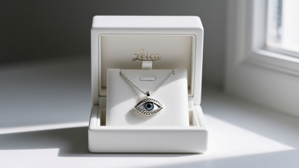 A tarnish-resistant jewelry box compartment holding a silver necklace with an eye pendant, safely stored away from direct sunlight.