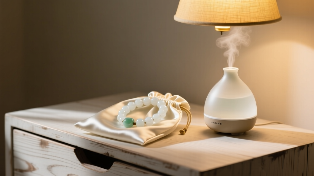 White jade bead necklace coiled in a silk pouch on a wooden dresser, next to a humidifier, illuminated by warm ambient light.