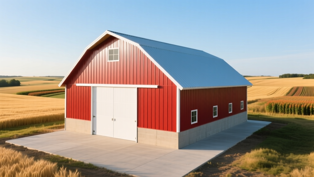 A newly constructed red and white pole barn with 26-gauge steel siding, standing on a freshly poured concrete pad surrounded by rural farmland