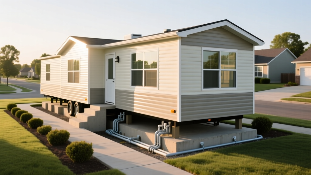 Newly installed double-wide manufactured trailer home on concrete pier foundation in suburban lot with utility trenches visible