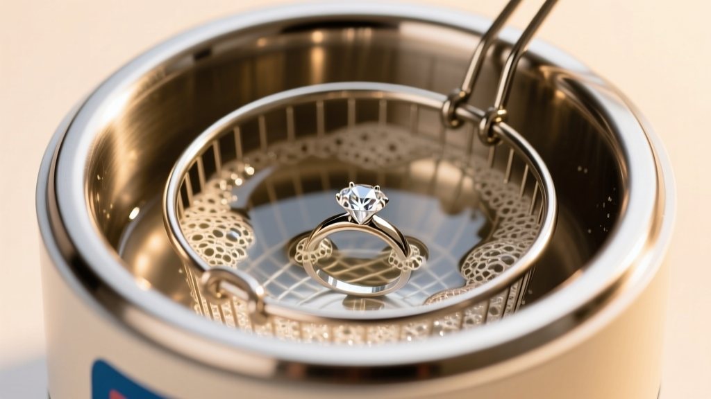 Stainless steel ultrasonic cleaner basket holding diamond rings submerged in clear soapy water under bright, warm studio lighting.