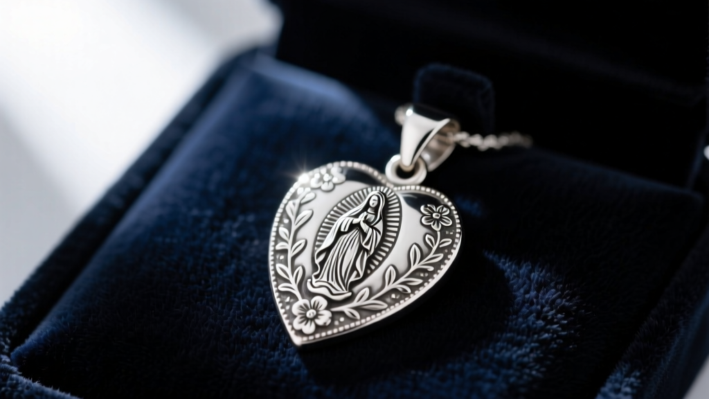 Close-up of a vintage 925 sterling silver Immaculate Heart of Mary pendant with intricate floral engraving, resting on dark velvet