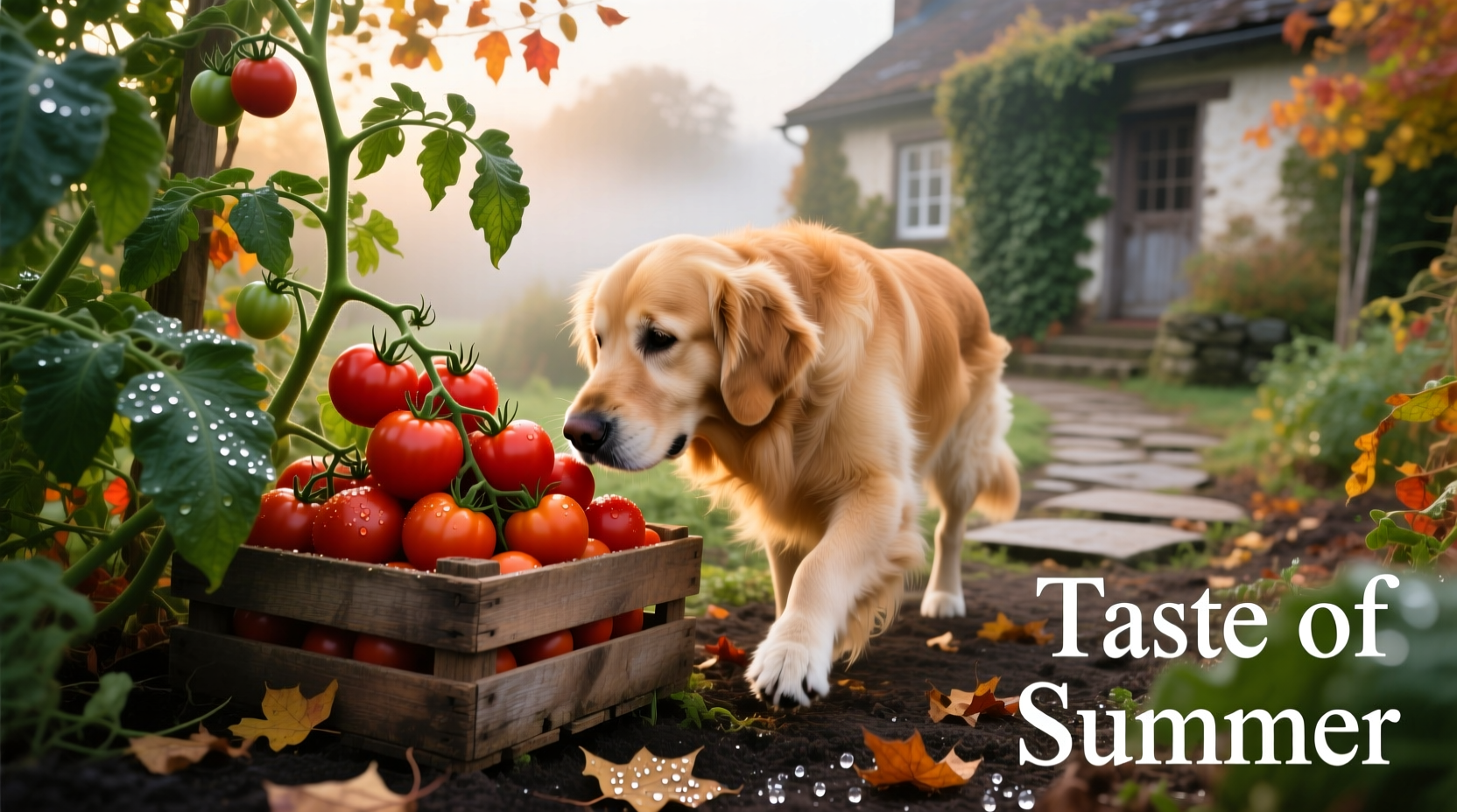 Golden retriever cautiously sniffing ripe tomatoes in garden
