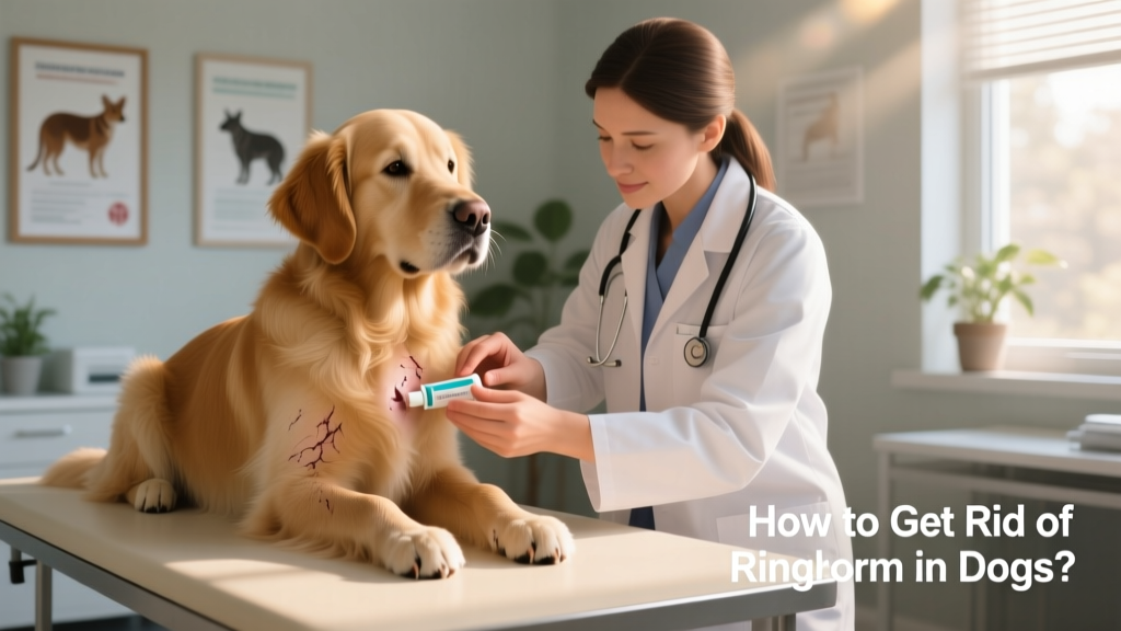 Veterinarian applying antifungal cream to a dog's skin while the dog sits calmly on an exam table