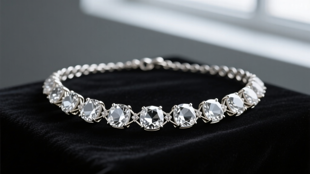 Vintage silver paste diamond necklace on dark velvet, showing faceted lead glass stones and delicate antique prong settings.
