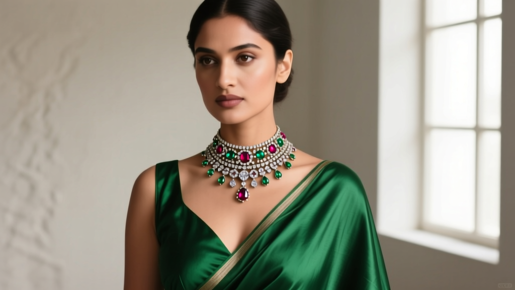 Modern styling featuring a lightweight Nizam-inspired Polki choker paired with a deep V-neckline silk sari in rich jewel tones.