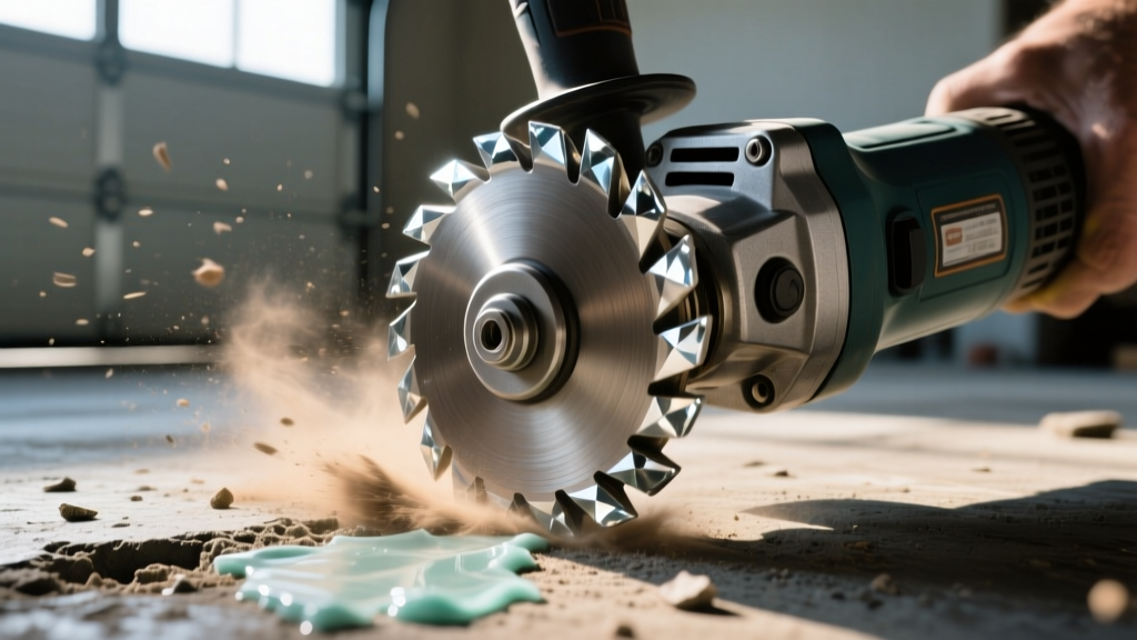 Close-up of a 5-inch diamond cup grinding wheel attached to an angle grinder removing epoxy coating from a dusty concrete garage floor