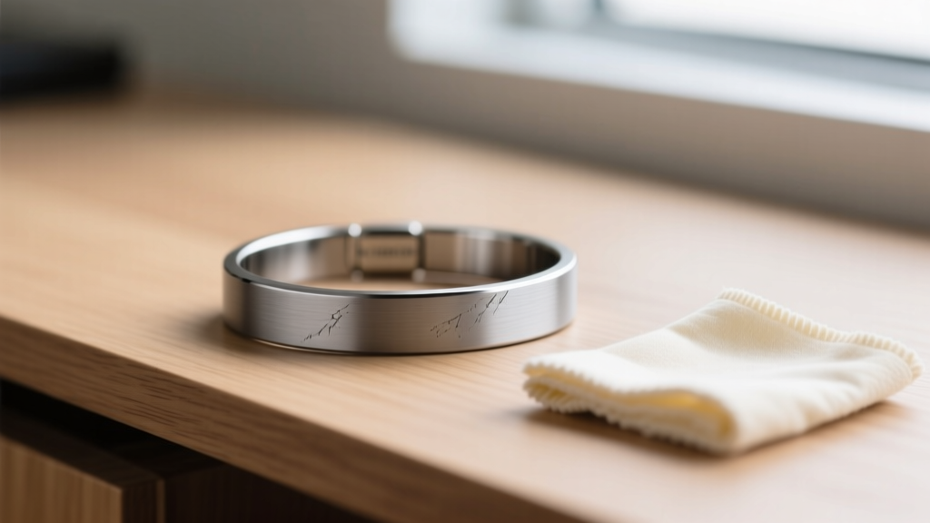 Close-up of a brushed Grade 5 titanium bracelet with a matte finish, resting next to a polishing cloth on a light oak desk.