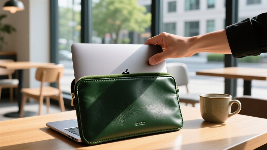 Hands sliding a 14-inch MacBook Pro into a dark green full-grain leather sleeve with microfiber lining inside a sunlit modern cafe