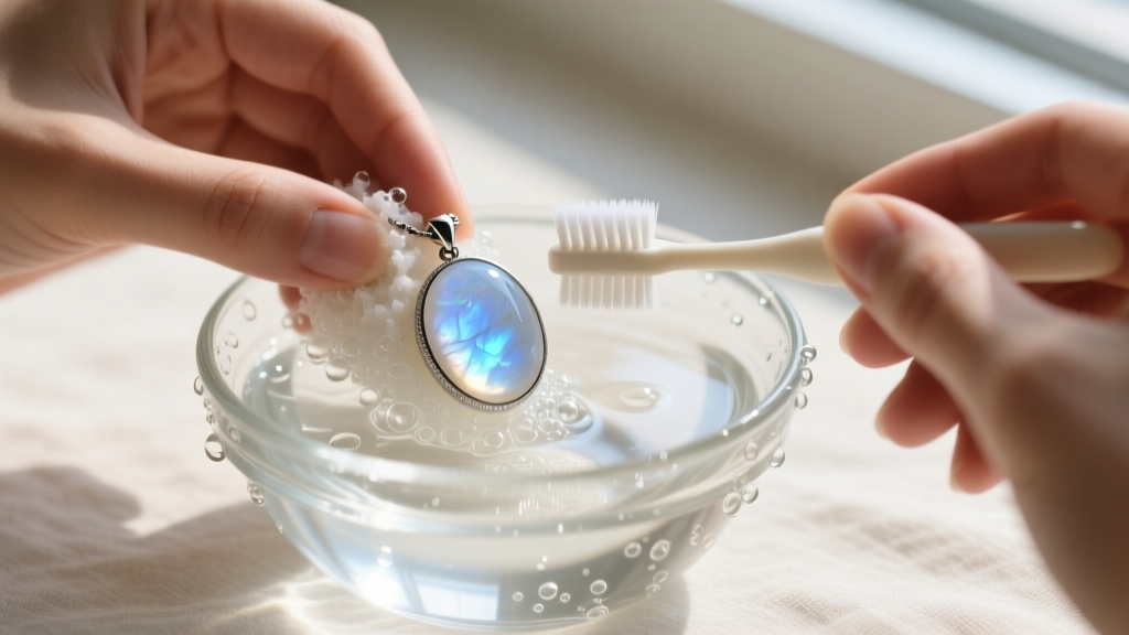 Hands gently scrubbing a moonstone pendant with a soft baby toothbrush in a small glass bowl of lukewarm soapy distilled water.