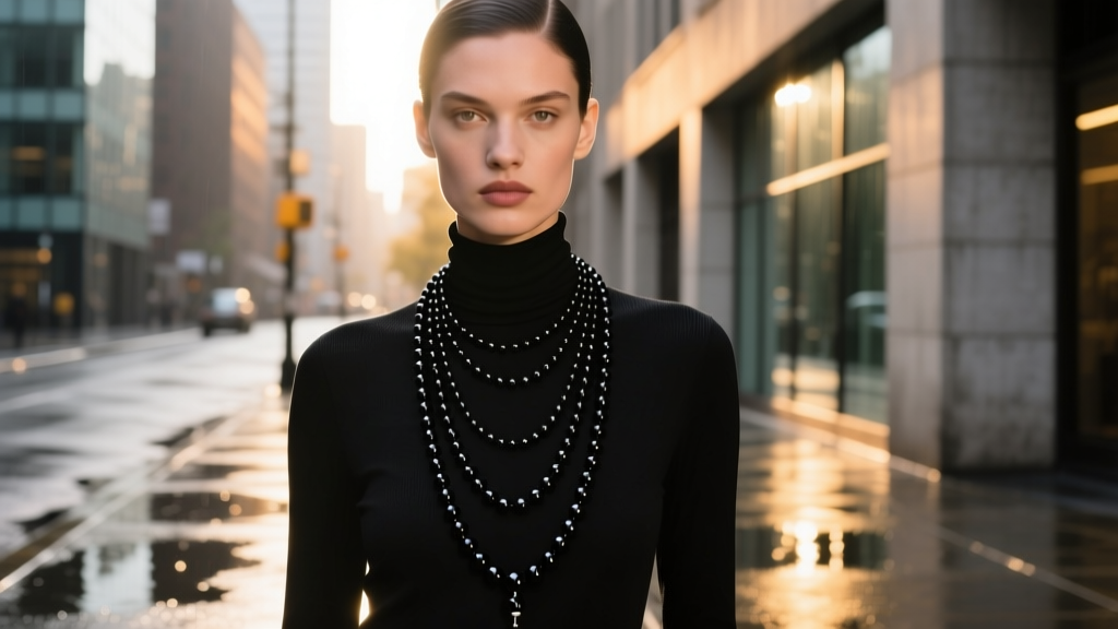 Model wearing a layered 24-inch black rosary necklace over a minimalist black turtleneck, urban street style photography
