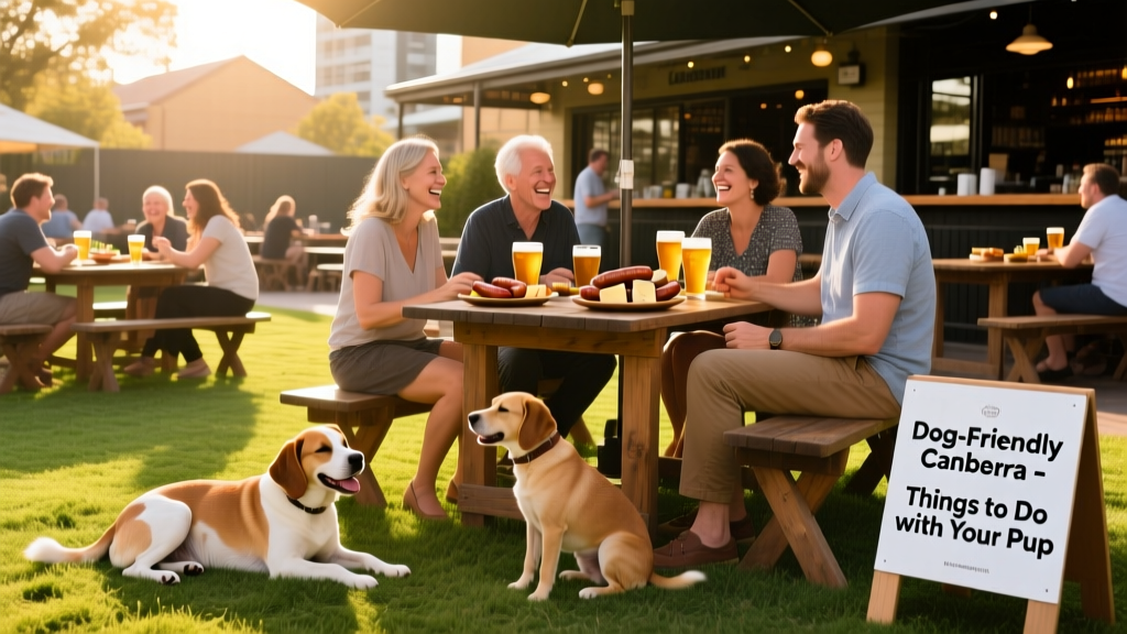 A sunny beer garden at a Canberra pub with dogs lounging on grass and owners chatting over pints and shared plates