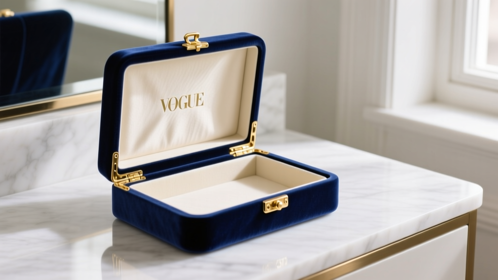 A luxurious navy blue silk velvet jewelry box open on a marble vanity, revealing cream anti-tarnish lining and gold brass hinges.