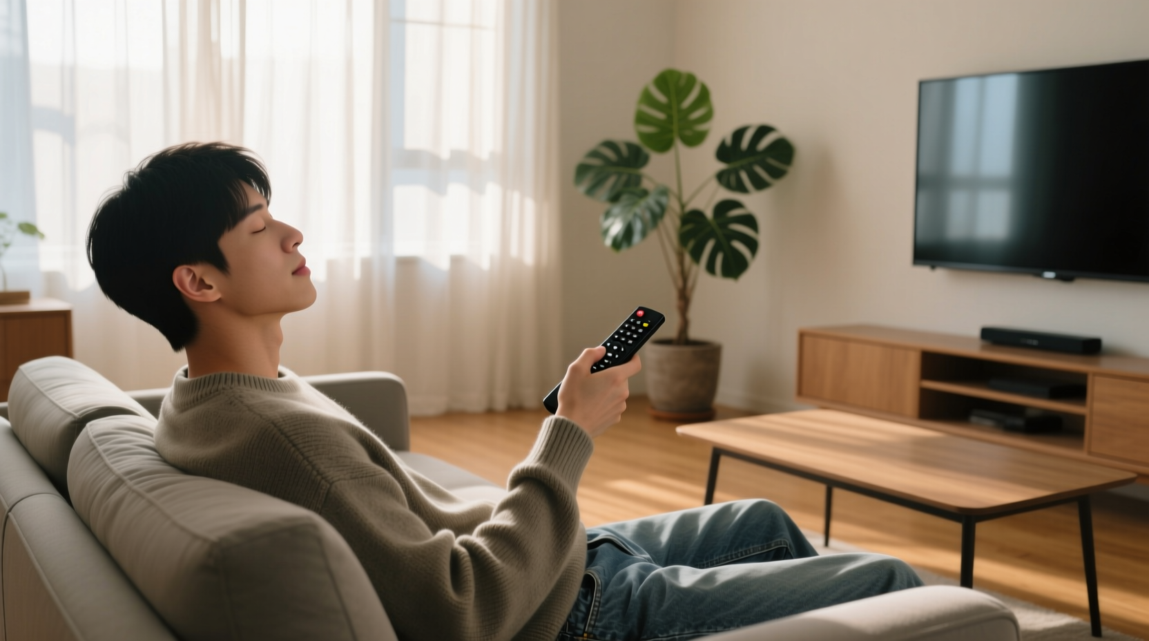 Person relaxing on couch with remote control