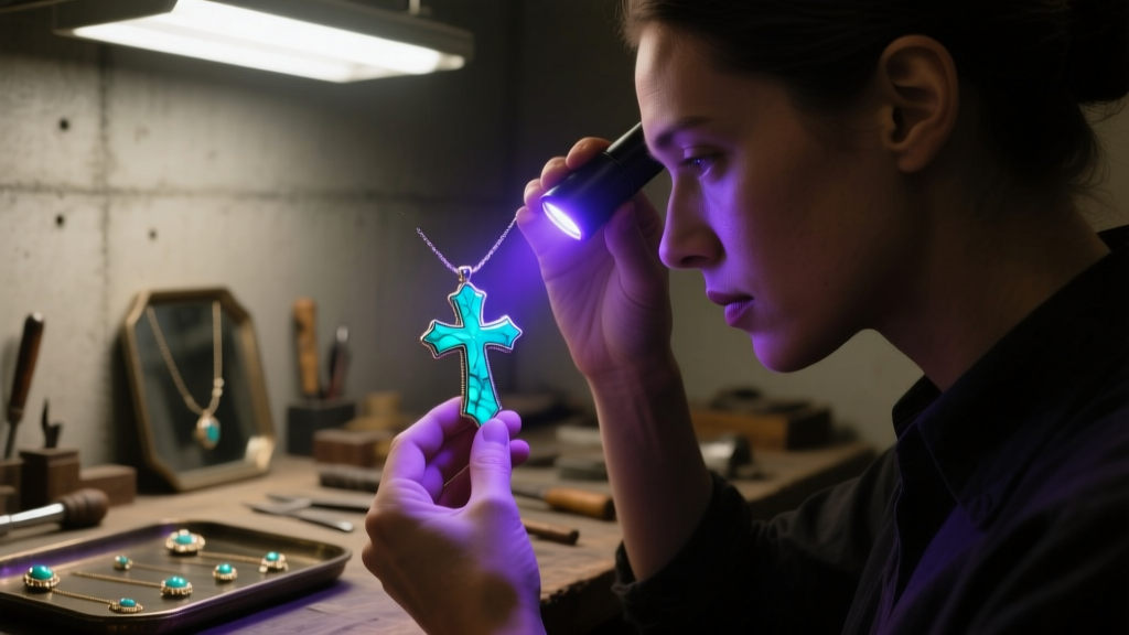 Jeweler using a UV flashlight to inspect a turquoise cross pendant for resin fluorescence in a dimly lit workshop setting.