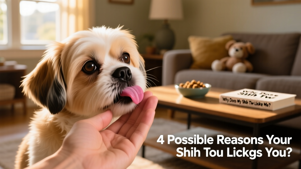 A Shih Tzu gently licking its owner's hand while making eye contact