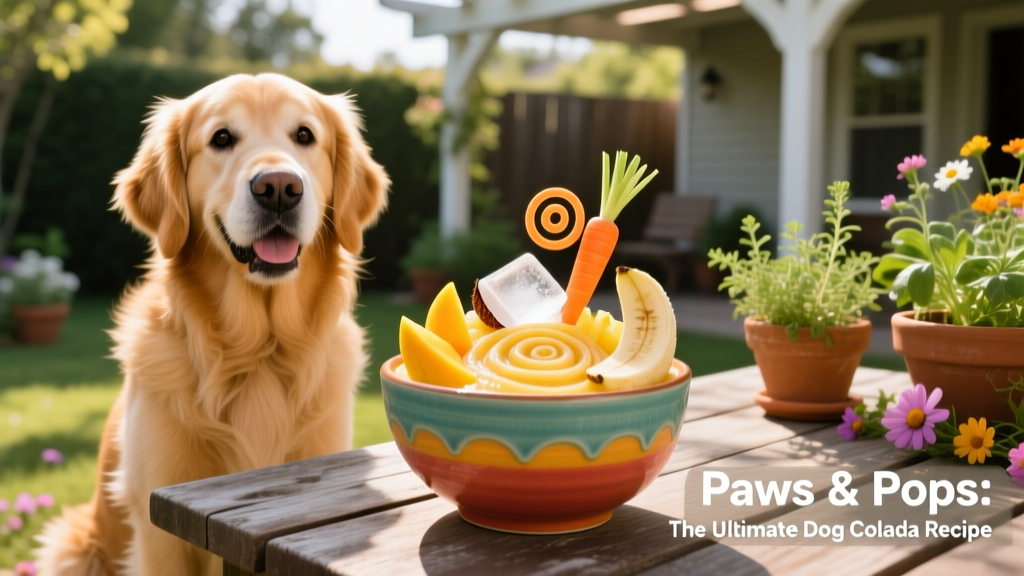 A cheerful dog sitting beside a colorful, chilled dog colada in a bowl with carrot garnish