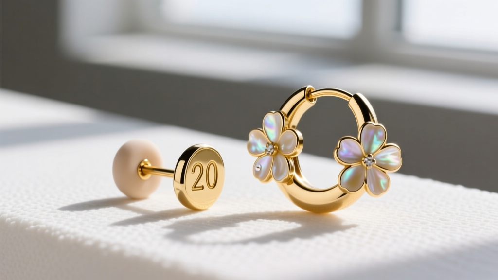 Close-up of a 20-gauge gold post with a silicone earring back and a delicate floral mother-of-pearl inlay huggie hoop nearby