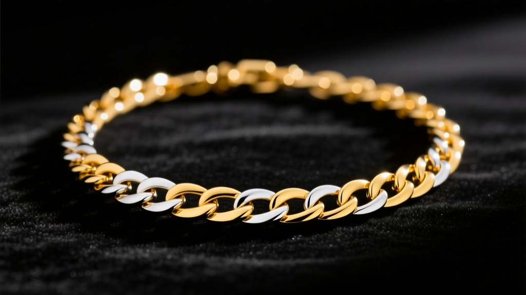 Two-tone 14k white and yellow gold chain necklace on dark velvet, highlighting metal contrast under soft, warm studio lighting.