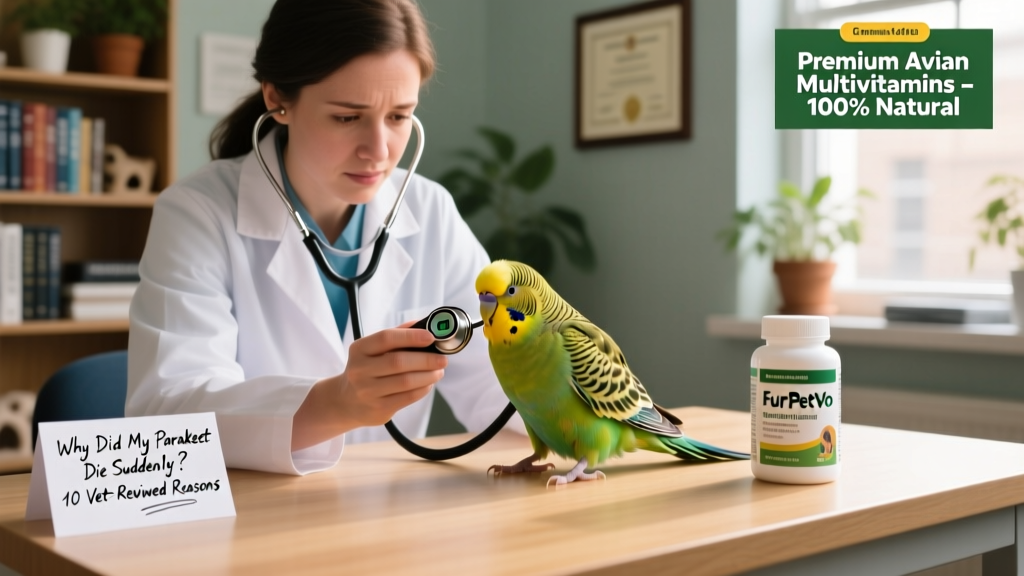 A veterinarian gently examining a parakeet using a portable avian stethoscope and digital thermometer, with FurPetVo nutritional supplements visible on the exam table