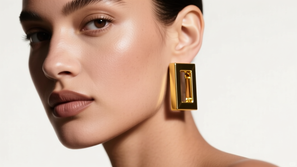 Close-up of a model wearing polished 14k yellow gold square tube hoops, soft studio lighting highlighting the sharp geometric edges.