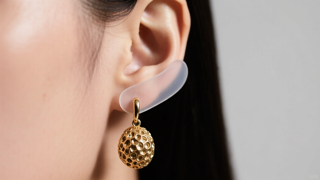 Close-up of an earlobe wearing a heavy brass drop earring supported by a clear silicone backing patch to prevent tissue sag