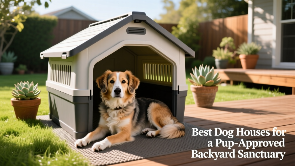 A medium-sized dog lounging inside a sturdy plastic dog house with ventilation panels and a snap-together design