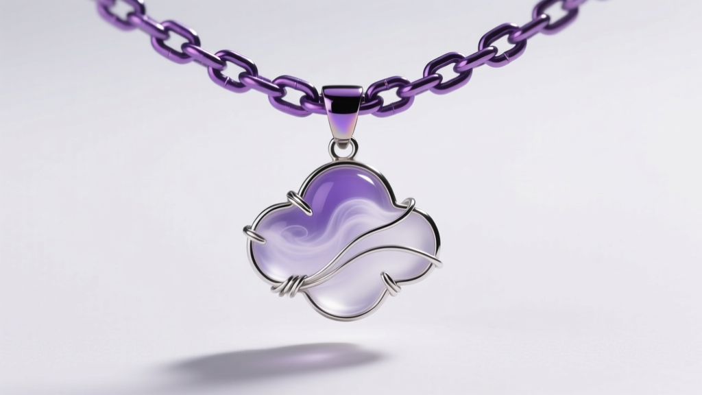 Close-up of an anodized niobium chain in deep purple connecting to a wire-wrapped fantasy cloud pendant under studio lighting.