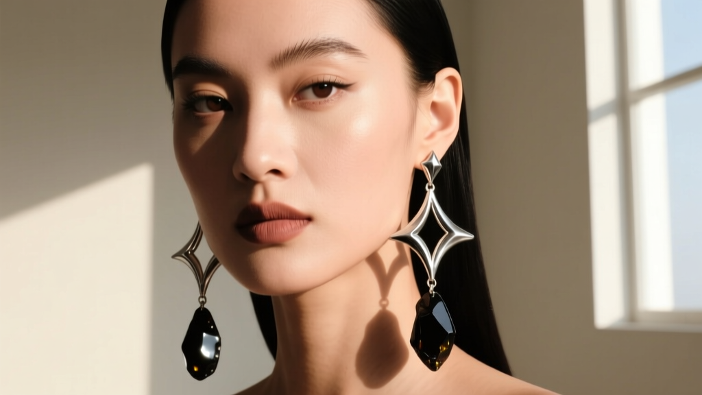 Model wearing long articulated silver witch earrings with raw obsidian drops, casting sharp, dramatic shadows along her jawline.