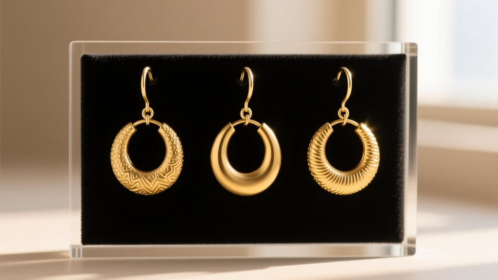 14-gauge brass wire hooks holding heavy textured gold huggie earrings on an anti-tarnish velvet-lined acrylic tier in warm light.