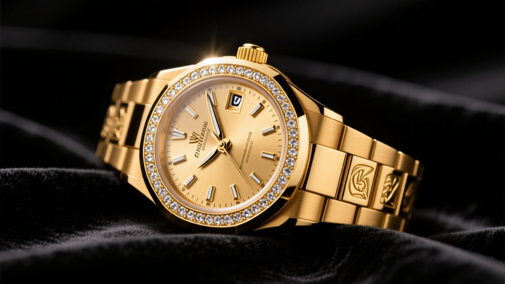 Close-up of an 18k yellow gold diamond bracelet watch resting on dark velvet, illuminated by warm studio lighting for luxury vibe.