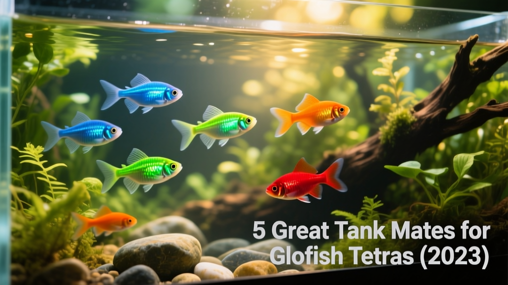 A vibrant community aquarium featuring Glofish Tetras swimming alongside compatible tank mates like gouramis and rasboras