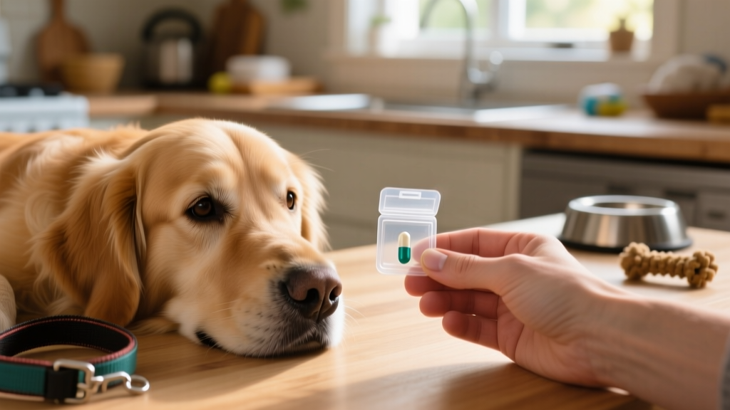 A calm dog sitting beside a hand holding a pill pocket with a small pill inside