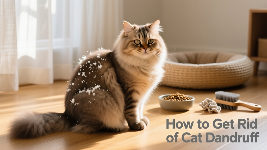Overweight cat sitting calmly, with visible dandruff along its spine and shoulders