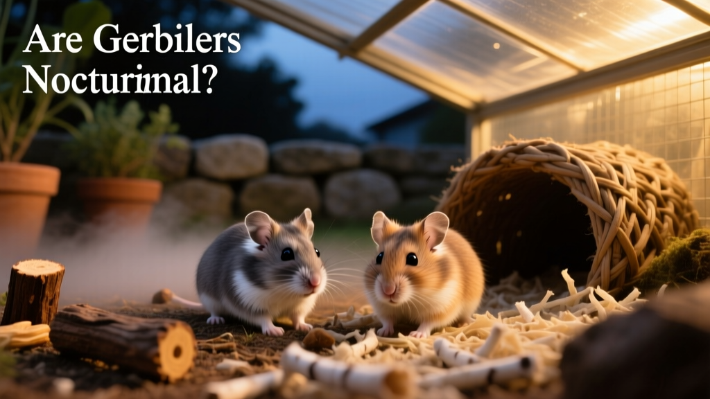 Two gerbils exploring a naturalistic enclosure with tunnels, bedding, and chew toys at dusk