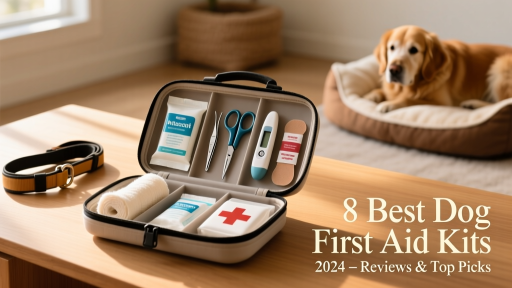 A well-organized dog first aid kit laid out on a clean surface, showing labeled compartments and common supplies like gauze, antiseptic wipes, and tweezers