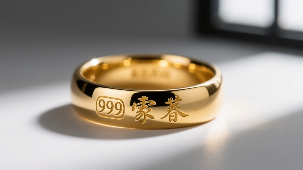 Extreme close-up of a gold ring inner band showing stamped 999 and Chinese characters, lit by a bright jeweler