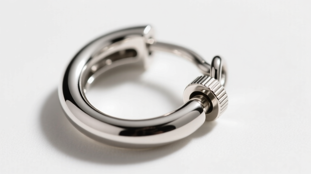 Macro photography of a hinged clicker closure on a platinum huggie earring, showing the precise interlocking metal latch detail