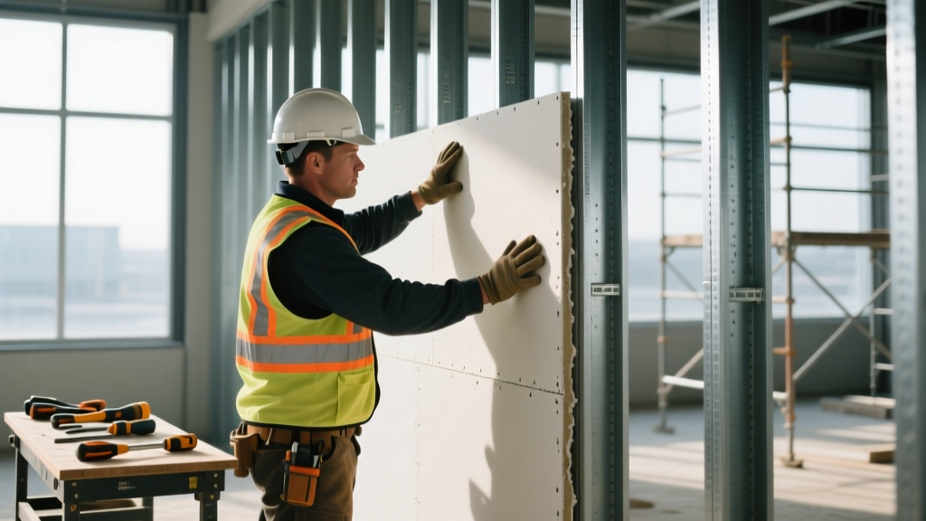 Construction worker installing thick Type X fire-rated gypsum board on steel wall studs in a commercial building framing site