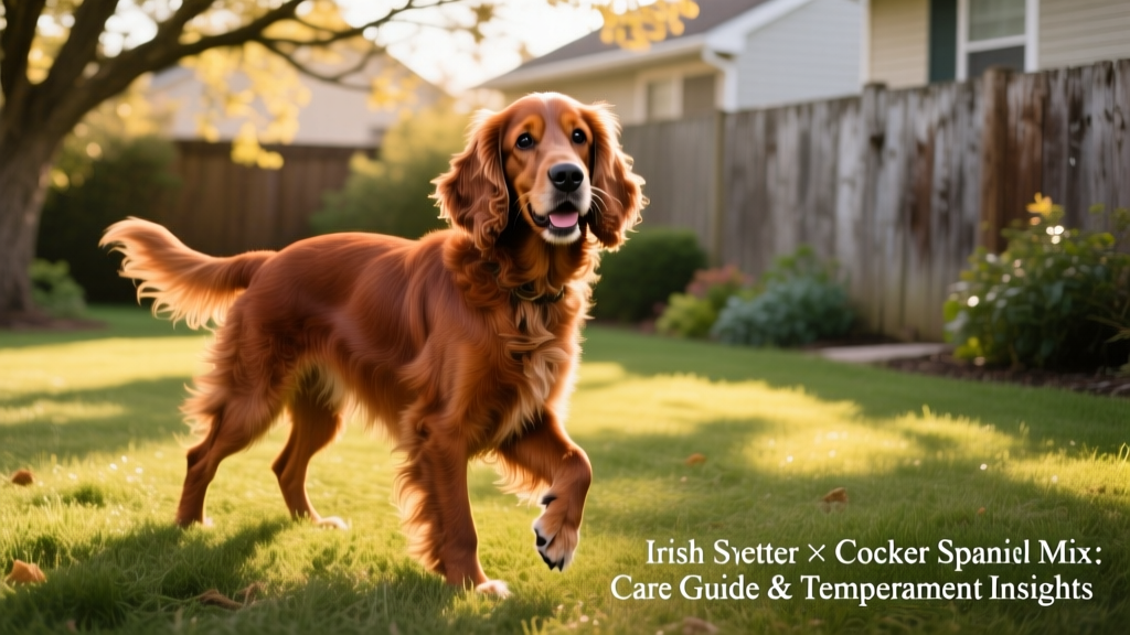 A happy, medium-sized mixed-breed dog with a blend of Irish Setter and Cocker Spaniel features—lustrous reddish-brown coat, expressive eyes, and a relaxed, friendly stance outdoors