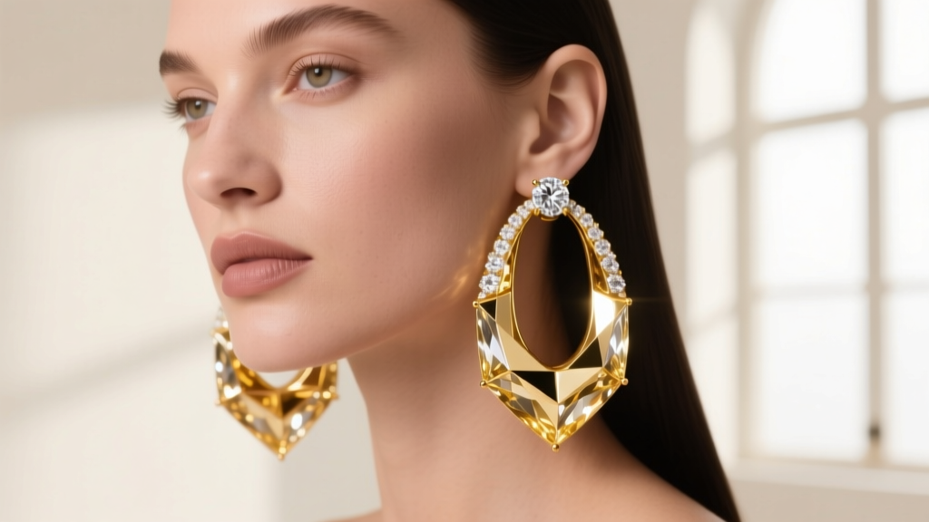 Model wearing large 2 inch diamond hoop earrings in 18k yellow gold, showcasing the drop and scale against a soft studio backdrop