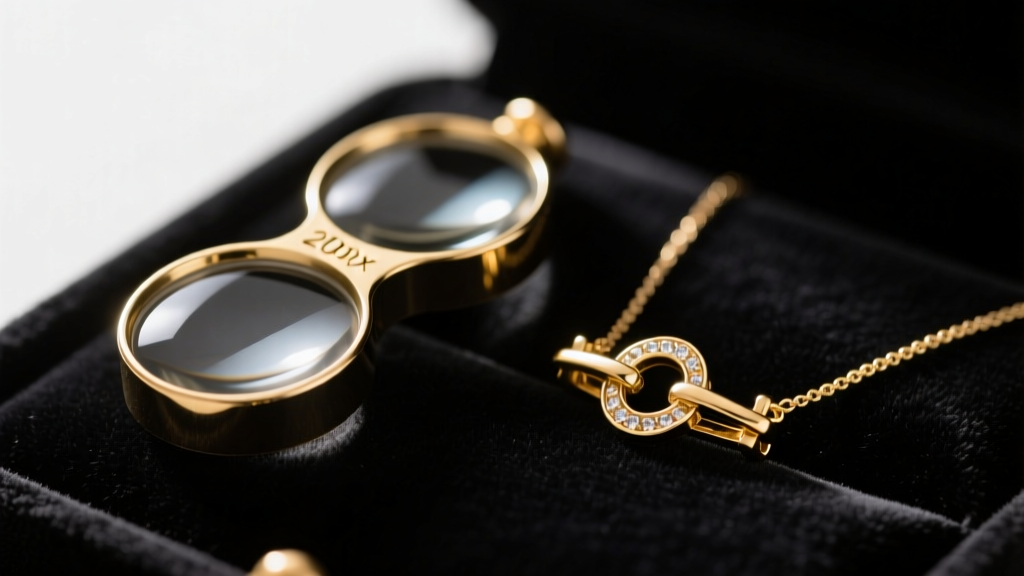 Jewelers 20x triplet loupe resting on dark velvet next to a gold necklace clasp, soft directional light highlighting metal texture.