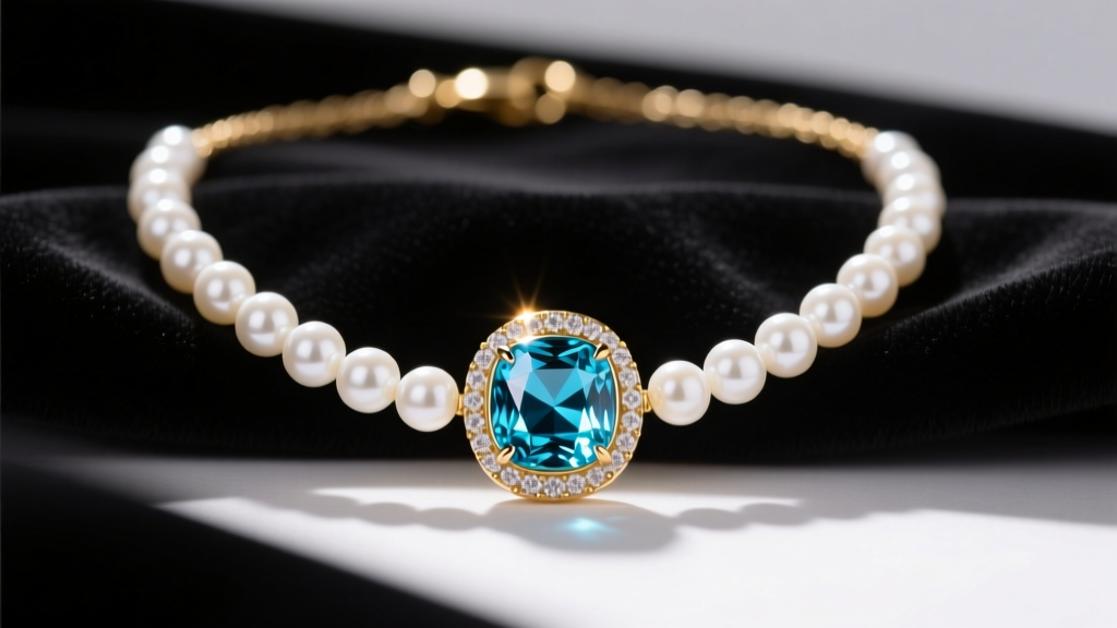 Gold necklace with a 3 carat aquamarine pendant surrounded by a halo of small white Akoya pearls resting on dark velvet fabric.