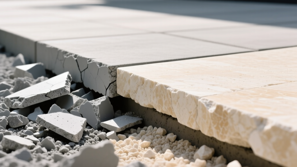 Cross-section of a driveway base showing angular gray crushed concrete on the left and pale beige crushed limestone on the right